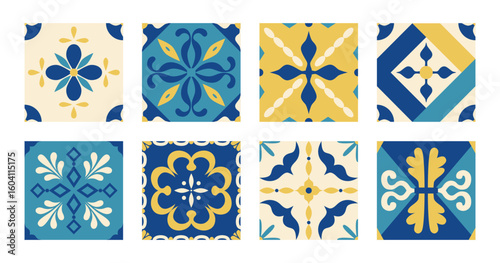 Mediterranean ornate pattern with blue and yellow tiles. Abstract Italian, Greek, Spanish, Portuguese, Turkish background. Interior design. Mosaic. Arabic geometry. Amalfi coast. Vector.