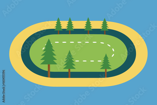 Flat Design Oval Park Track with Trees Illustration