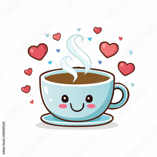 Cute kawaii style vector of a smiling coffee cup with steam hearts, cartoon style, editable in Adobe Illustrator