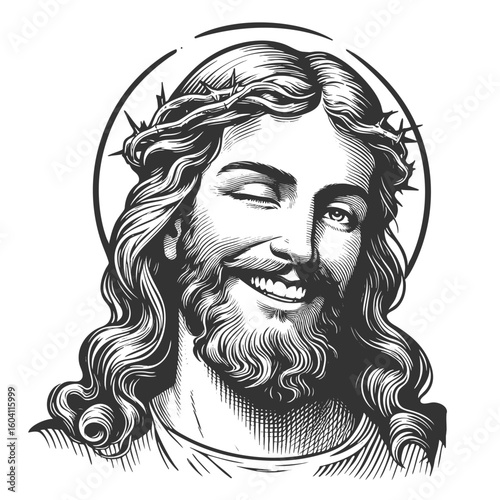 Jesus Christ with a crown of thorns, smiling and winking playfully, surrounded by a radiant halo sketch engraving fictional character vector illustration. Scratch board. Black and white.