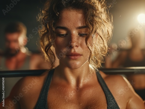 Blonde woman with intense gaze holding barbell during weightlifting, sweat beads on face illuminated by dramatic gym lighting