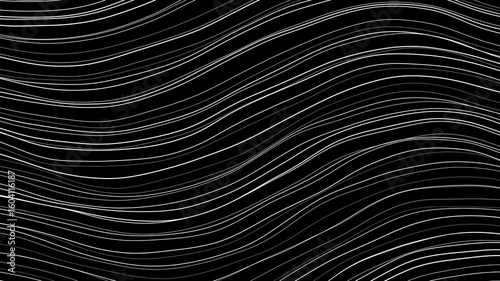 Abstract white thin liquid lines pattern seamless animation on a dark background. Slow, curved, wavy threads loop motion graphics. Minimalist technology or promo clip background concept