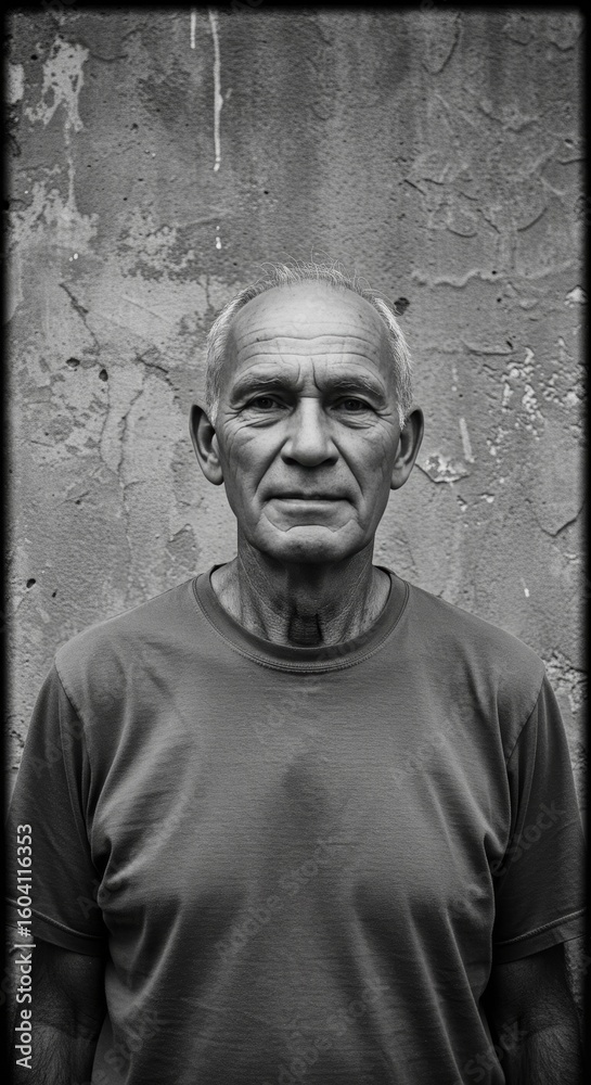 Fototapeta premium Portrait of a weathered senior man against a textured wall.