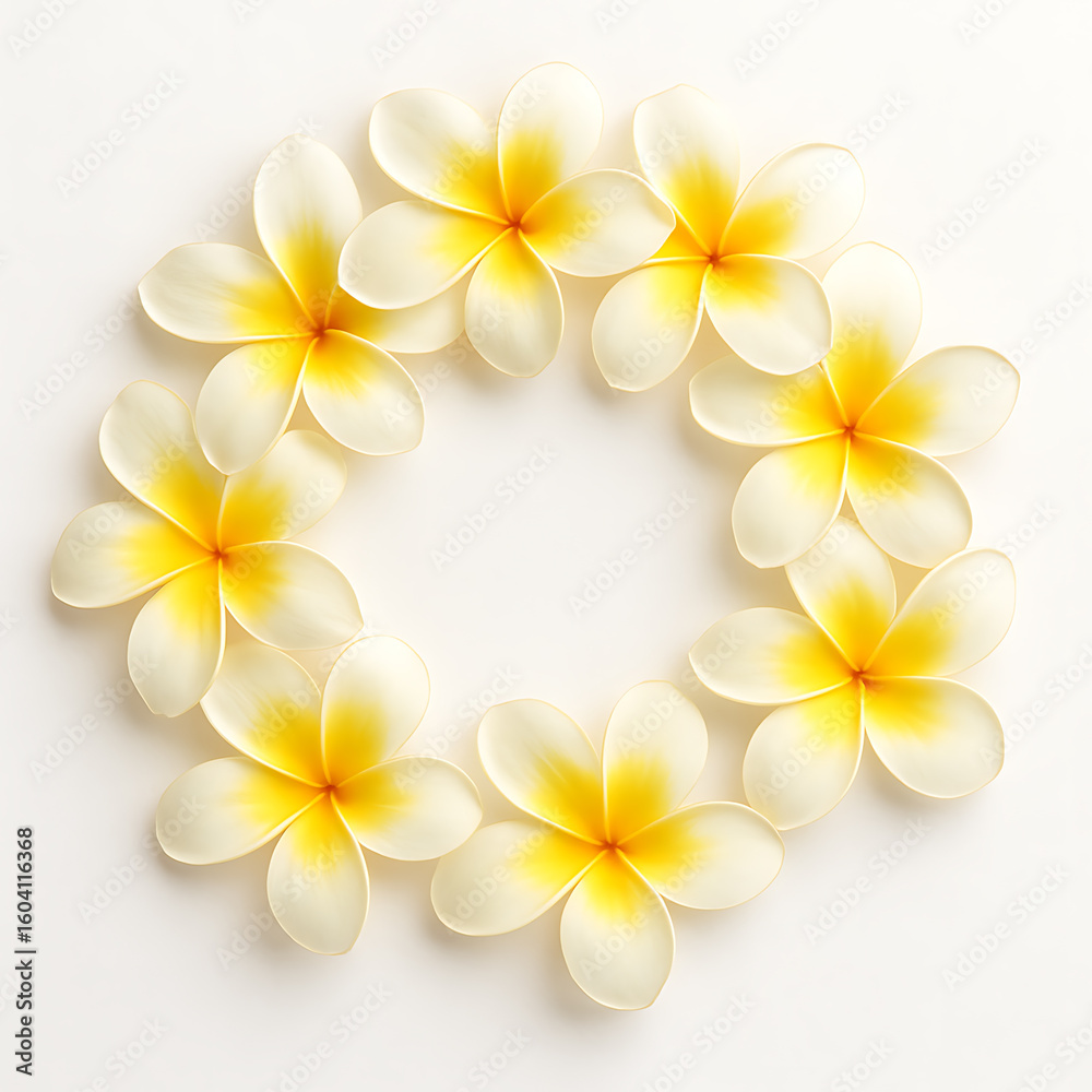 Fototapeta premium Plumeria flower wreath arranged in a circular pattern with soft yellow and white petals on white background