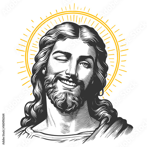 Jesus Christ with a crown of thorns, smiling and winking playfully, surrounded by a radiant halo sketch engraving fictional character vector illustration. Scratch board. Black and white.