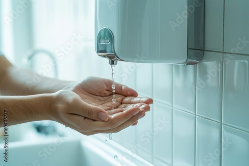 Person using a wall-mounted automatic soap dispenser for hand hygiene