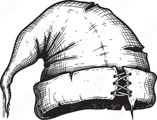 Black and white sketch of a pointed hat with lace up detail headwear medieval