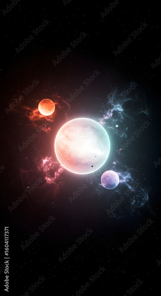 Naklejka premium Abstract cosmic nebula with glowing planets and swirling colorful gas clouds in deep space