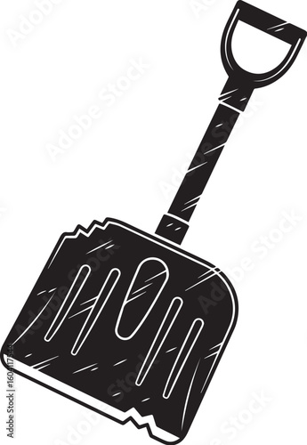Black shovel with D handle and slotted blade tool digging