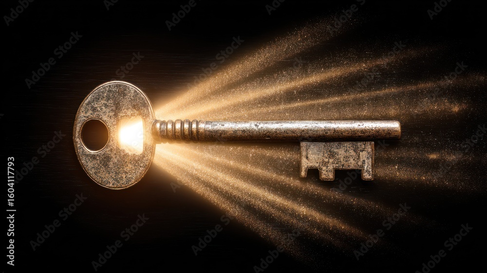 Antique key with golden light Antique key with golden light