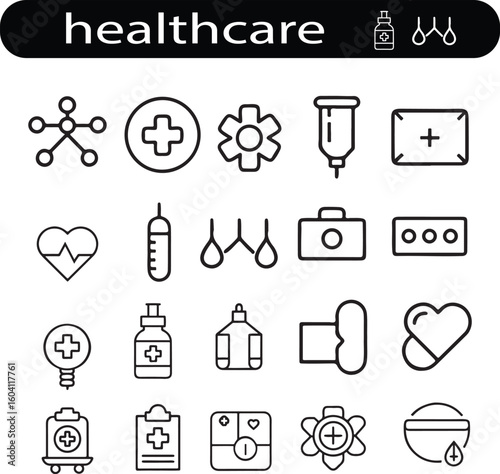 A sat of Collection of hand drawn healthcare and medical related icons