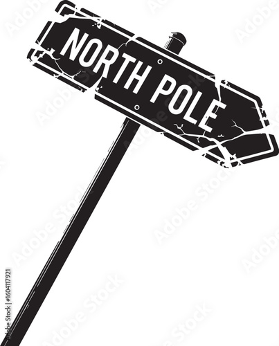 Distressed black north pole directional sign black and white vintage