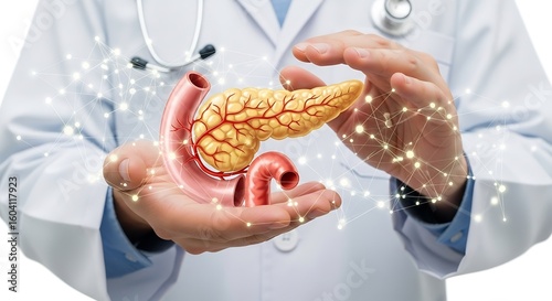 Doctor Holding Pancreas Illustration with Glowing Network, Healthcare Concept
