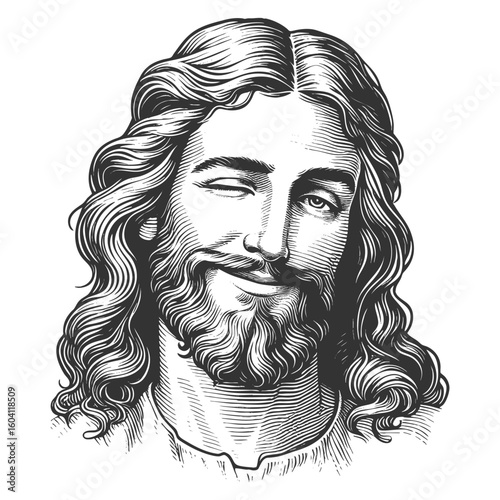 Jesus Christ with a crown of thorns, smiling and winking playfully, surrounded by a radiant halo sketch engraving fictional character vector illustration. Scratch board. Black and white.