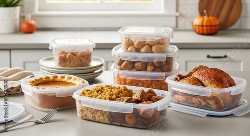 Plastic containers storing thanksgiving leftovers on kitchen counter