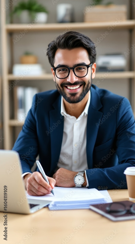 Fototapeta premium Smiling Professional Man Working at Desk with Laptop