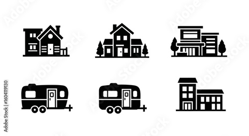 Collection of stylized black and white illustrations depicting various residential buildings and recreational vehicles.