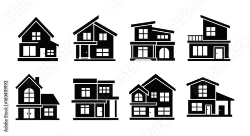 Collection of eight diverse house silhouettes, showcasing various architectural styles and designs.