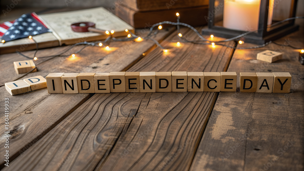 Obraz premium Independence day spelled out with blocks on a wooden surface with flag and lights around it