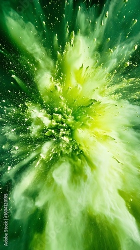 Vibrant explosion of green and yellow powder paint creates an abstract colorful texture