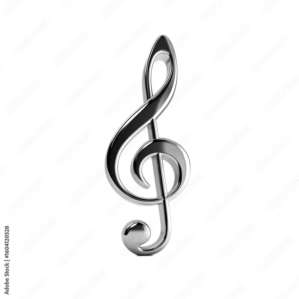 Fototapeta premium A gleaming 3D metallic treble clef isolated on a transparent background,