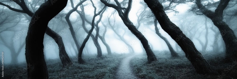 Naklejka premium Enigmatic and Spooky Misty Forest Trail A Mysterious Path Through Gnarled Trees and Foggy Woodland