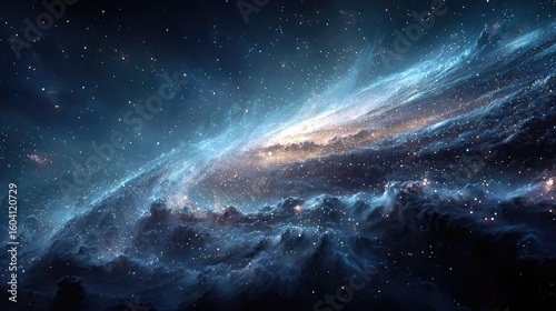 Blue sci-fi cosmic wallpaper with glowing nebula and stars, futuristic galaxy backdrop for tech, gaming, and design ads
