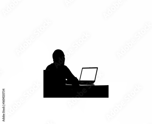 Silhouette of person in meeting setup with laptop open on white background
