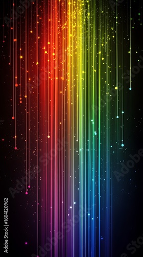 Vivid rainbow spectrum background with sparkling light trails and bokeh on dark backdrop