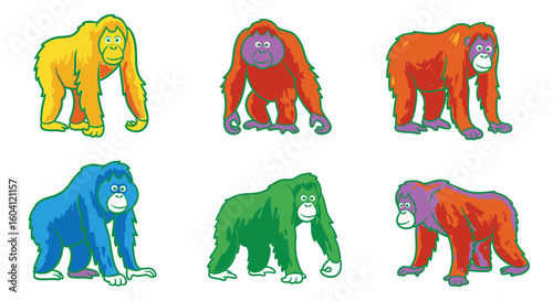 Colorful cartoon gorillas in various poses on white background  