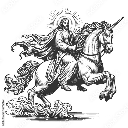 Jesus Christ with radiant halo riding a majestic unicorn sketch engraving fictional character vector illustration. Scratch board imitation. Black and white image.