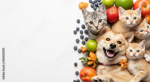 Adorable Dog and Kittens Surrounded by Fresh Fruits and Blueberries