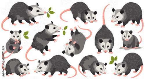 Opossums illustrated in various poses with leaves and playful expressions  