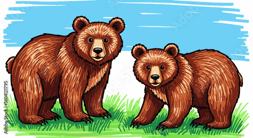 Two brown bears standing together on green grass under blue sky  