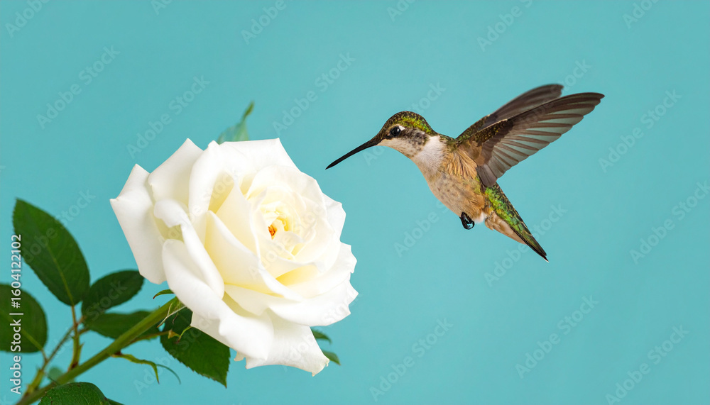 Fototapeta premium Hummingbird in flight approaching white rose flower with green leaves on teal background, capturing delicate nature and vibrant colors in clean composition
