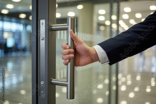 Businessman opening a modern glass door with a metal handle