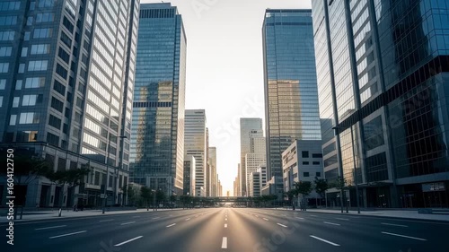 Wallpaper Mural Empty city street bordered by highrise commercial buildings showcasing glass exteriors. Torontodigital.ca