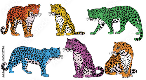 Colorful leopards in various poses with distinct patterns and colors  