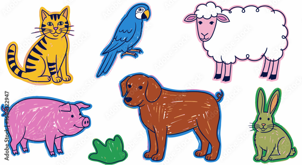 Obraz premium Colorful cartoon animals including dog, cat, pig, and sheep 