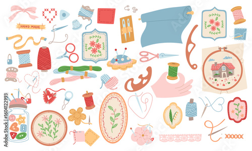 set of items for sewing and embroidery. flat color illustration. Threads, needles, fabrics, embroidery hoops, patches, needle cushion. for packaging design, prints, blogs, educational materials