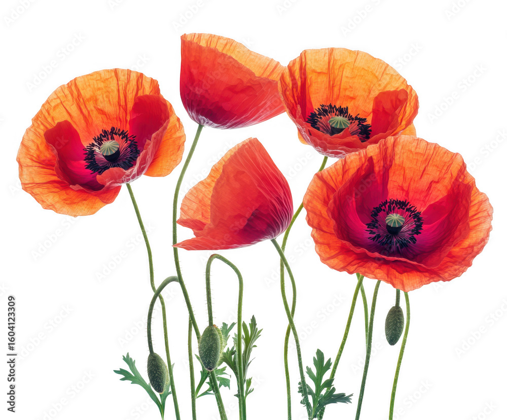 Naklejka premium Vibrant red poppies with delicate petals and green buds isolated on transparent background