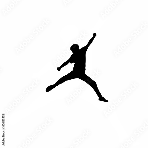 Silhouette of person jumping and punching in the air on white background