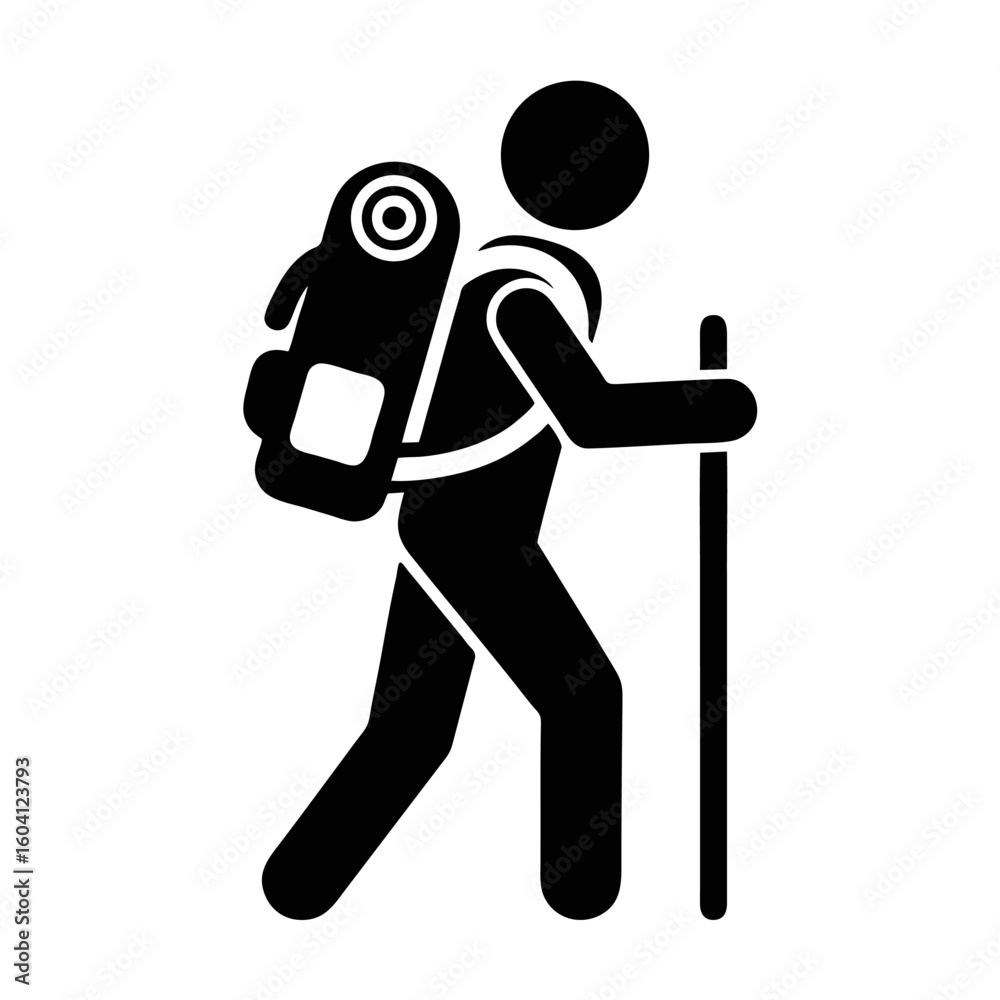 Black Silhouette of a Hiker with Backpack and Trekking Pole Black Silhouette of a Hiker with Backpack and Trekking Pole
