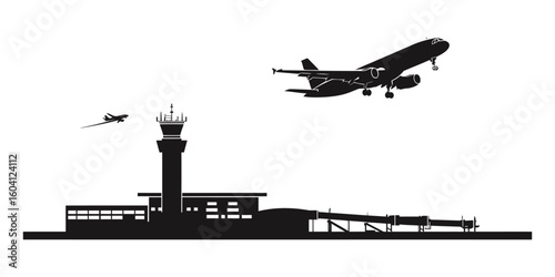 Silhouette Vector of Airport with Control Tower, Planes Taking Off and Parking on Runway