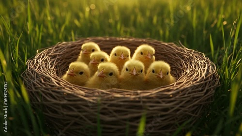Cute yellow chicks nestled in a cozy grass nest