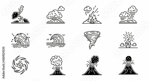 Natural Disaster Line Icon Set – Earthquake, Wildfire, Tsunami, Hurricane, Tornado, Volcanic Eruption, Extreme Weather Vector

