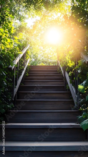 Wooden stairway surrounded by green foliage leading up toward bright sunlight at top