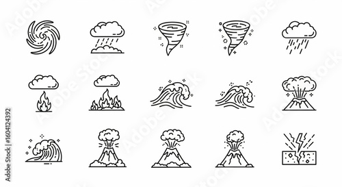 Natural Disaster Line Icon Set – Earthquake, Wildfire, Tsunami, Hurricane, Tornado, Volcanic Eruption, Extreme Weather Vector

