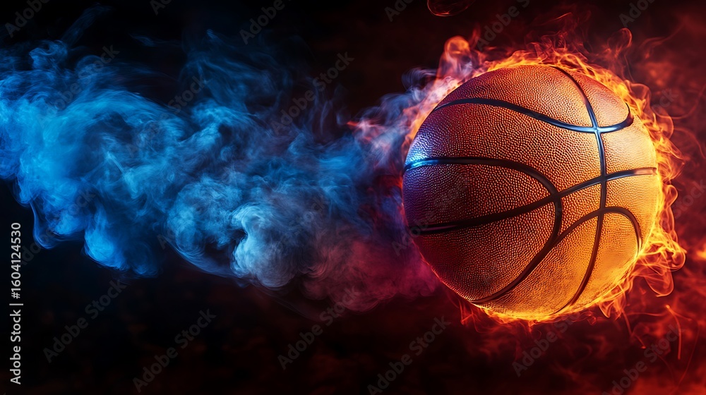 Fototapeta premium Basketball ignited in flames and blue smoke against a dark background