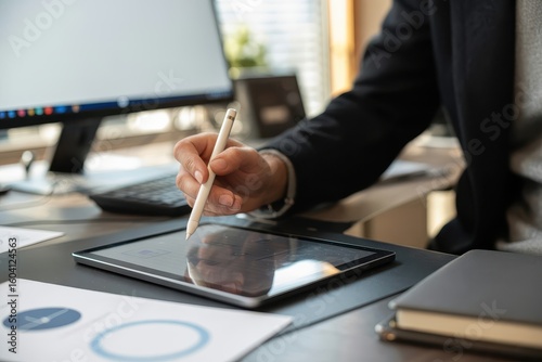 Close up of a person using a stylus on a tablet computer at a desk
